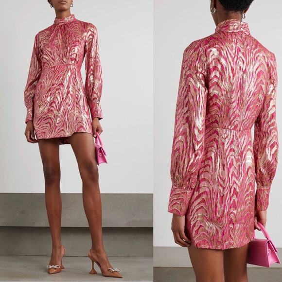 NWT Jonathan Simkhai Halen Ruched Metallic fil coupé silk-blend moire Dress - Picture 1 of 12